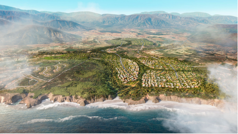 Lectura de foto: Vista proyectada del Masterplan Sostenible de Maratué, donde más del 50% del territorio está destinado a áreas verdes y conservación ecológica. El diseño integra corredores biológicos y parques como parte fundamental del trazado urbano basado en dos polos uno que extiende el centro de Puchuncaví con nuevas viviendas y servicios, y otro frente al mar, concebido como un núcleo cultural y turístico.